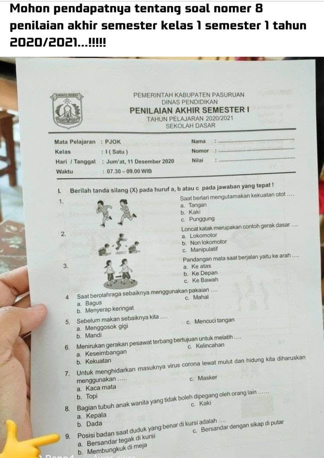 Soal ujian siswa. (Foto: Tangkapan layar Facebook Bahrul Ulum/Tugu Jatim)