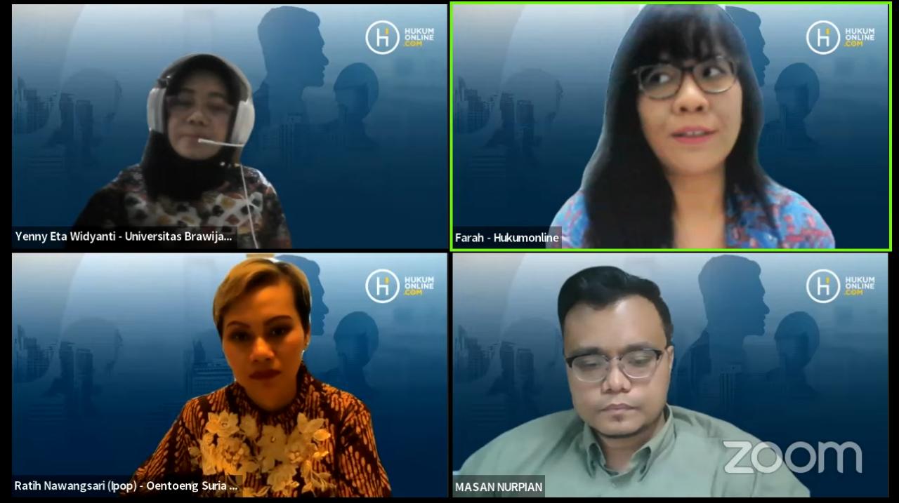Dr Yenny Eta Widyanti SH MHum (kiri atas), Ratih Nawangsari SH LLM (kiri bawah), Dr Phil Farah Purwaningrum (kanan atas), dan Masan Nurpian (kanan bawah), moderator dan narasumber Webinar Pro Bono.