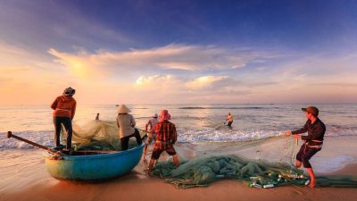 Ilustrasi para nelayan yang sedang menangkap ikan di pesisir pantai.