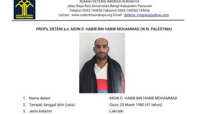 Identitas tahanan imigran asal Palestina yang kabur dari Rudenim Pasuruan.