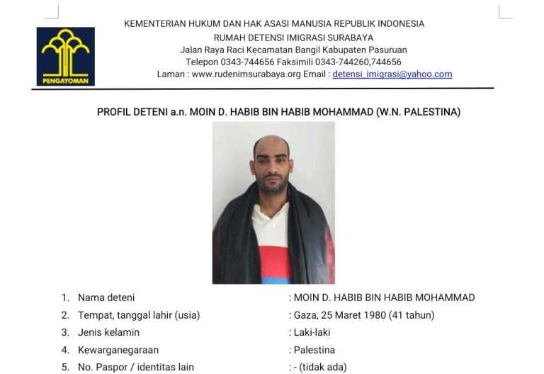 Identitas tahanan imigran asal Palestina yang kabur dari Rudenim Pasuruan.