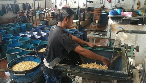 Karyawan pabrik tahu di Pasuruan tetap berproduksi meski harga kedelai mahal.