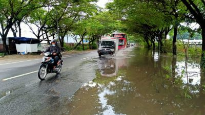 Jalan raya Desa Prayungan Kecamatan Sumberrejo, Kabupaten Bojonegoro yang tergenang air akibat hujan deras. (Foto: Mila Arinda/Tugu Jatim)