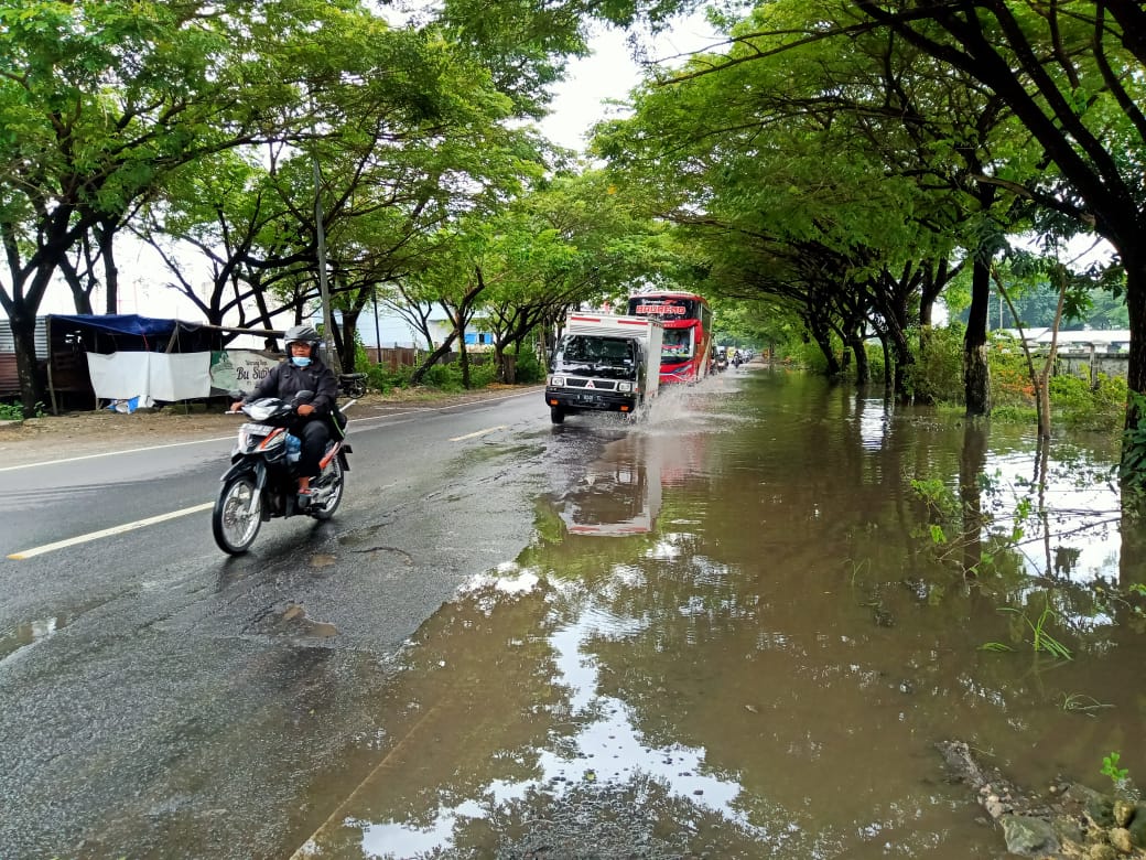 Jalan raya Desa Prayungan Kecamatan Sumberrejo, Kabupaten Bojonegoro yang tergenang air akibat hujan deras. (Foto: Mila Arinda/Tugu Jatim)