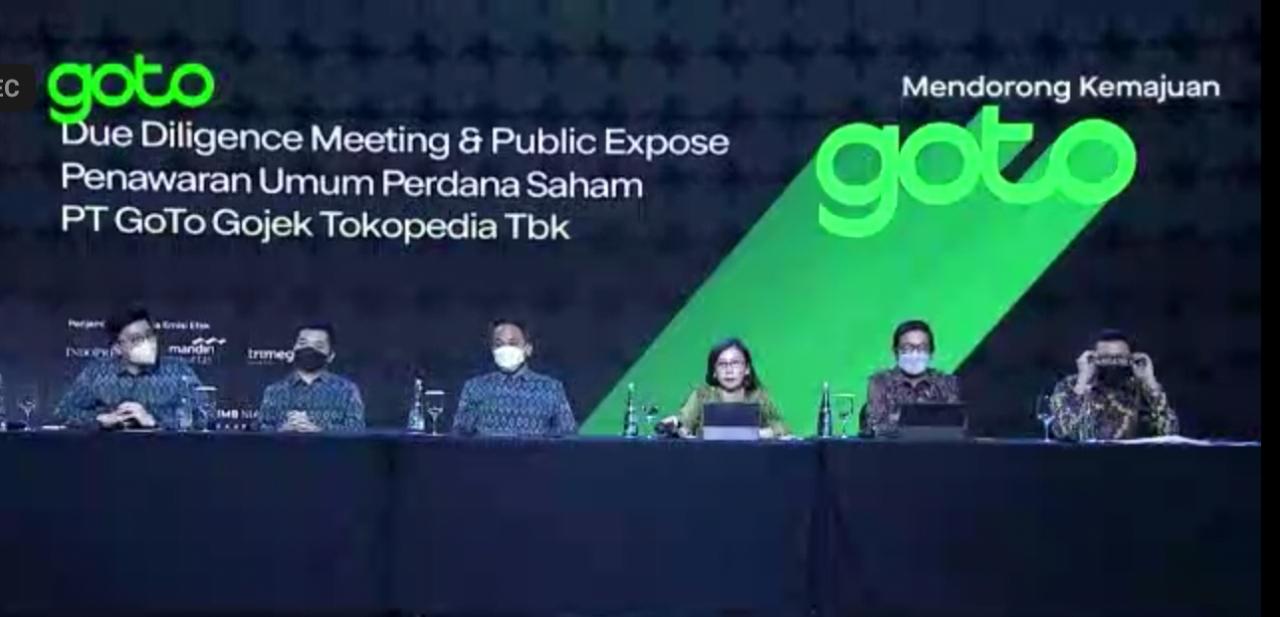 Tangkapan layar acara Due Diligence Meeting & Public Expose dan Konferensi Pers PT GoTo Gojek Tokopedia Tbk, Selasa (15/3/2022).