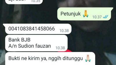 Tangkapan layar WhatsApp HP Ketua DPRD Kabupaten Pasuruan, M Sudiono Fauzan, yang sempat dibajak penipu