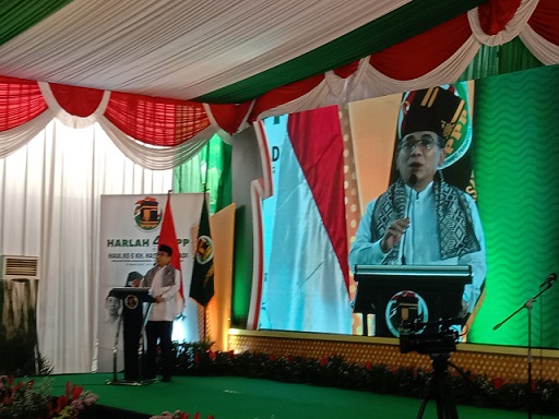 Ketua Umum PBNU, KH Yahya Cholil Staquf, memberikan arahan saat menghadiri acara Harlah PPP di Kota Malang, Minggu (27/3/2022).