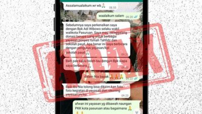 Tangkapan layar pesan penipuan mengatasnamakan Wakil Wali Kota Pasuruan, Adi Wibowo, di WhatsApp.