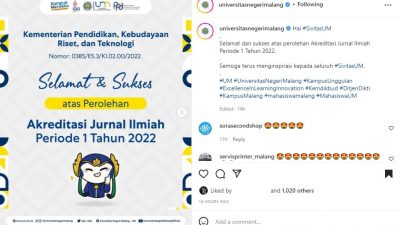 Jurnal ilmiah UM. (Foto: Tangkapan layar IG @universitasnegerimalang/Tugu Jatim)