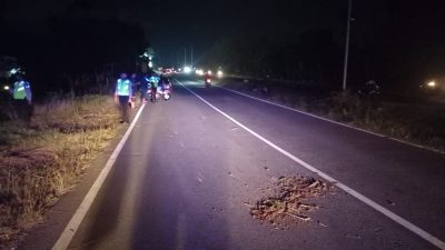 Anggota unit laka Satlantas Polres Tuban melakukan olah TKP kecelakaan tabrak lari di jalan Lingkar Selatan (JLS) Tuban pada Minggu (12/6/2022) malam.