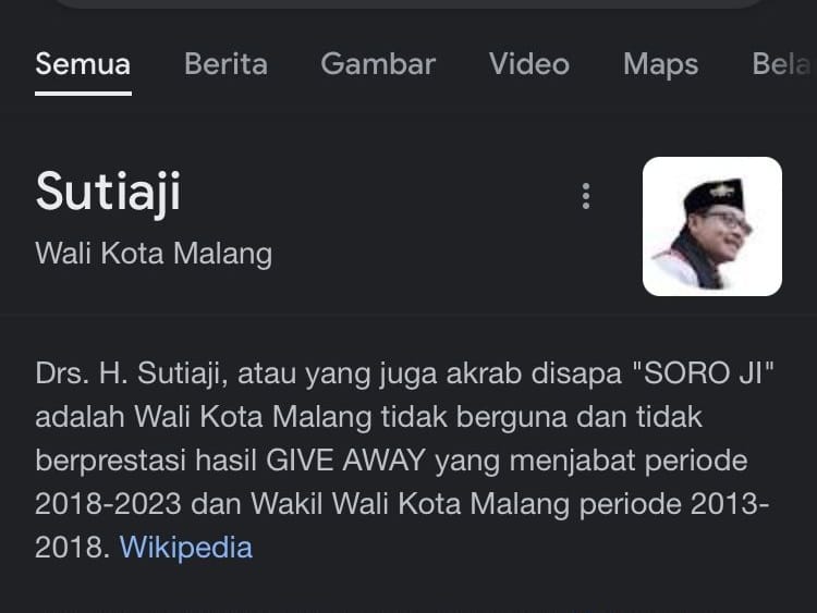 Ulasan profil Wali Kota Malang, Sutiaji di website Wikipedia yang diretas orang tak dikenal.