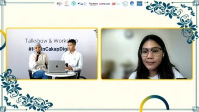 Abigail Bernadette (kanan), dari ICT Watch, ditemani dua moderator (kiri) saat memaparkan materi di acara Talkshow dan Workshop Malang #MakinCakapDigital.