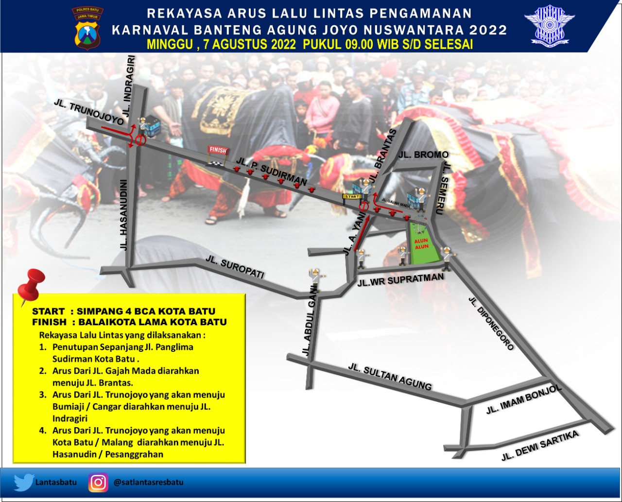 Skema rekayasa lalu lintas Polres Batu dalam rangka Kirab Banteng Agung Joyo Nuswantara pada Minggu, 7 Agustus 2022.