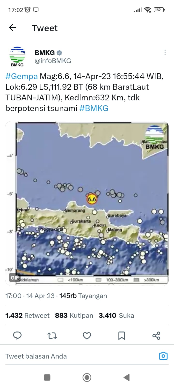 Gempa Magnitudo 6,6 Guncang Tuban