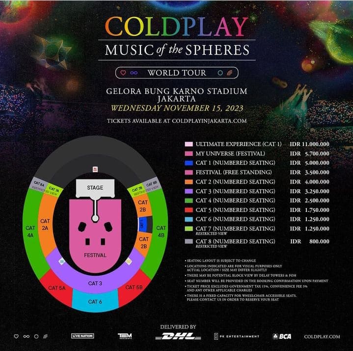 Daftar Harga Tiket Konser Coldplay Jakarta, Termahal Rp11 Juta Dapat Akses ke Backstage 2 Tiket konser coldplay di Jakarta.
