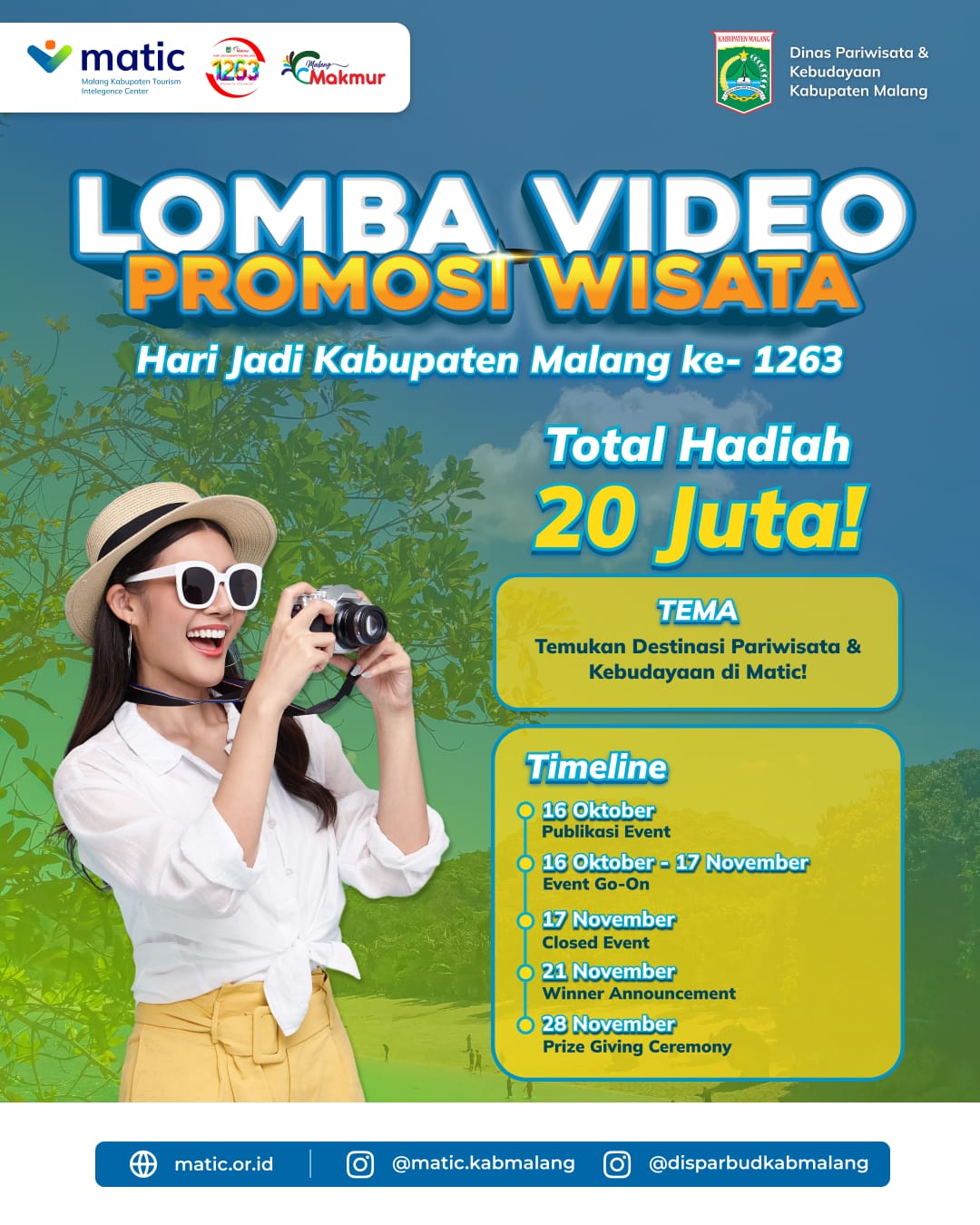 Promosikan Wisata Hidden Gem, Disparbud Kabupaten Malang Gelar Lomba Video Berhadiah Puluhan Juta Rupiah 1 Poster Lomba Video Promosi Wisata yang digelar Disparbud Kabupaten Malang. Foto: dok Disparbud Kabupaten Malang