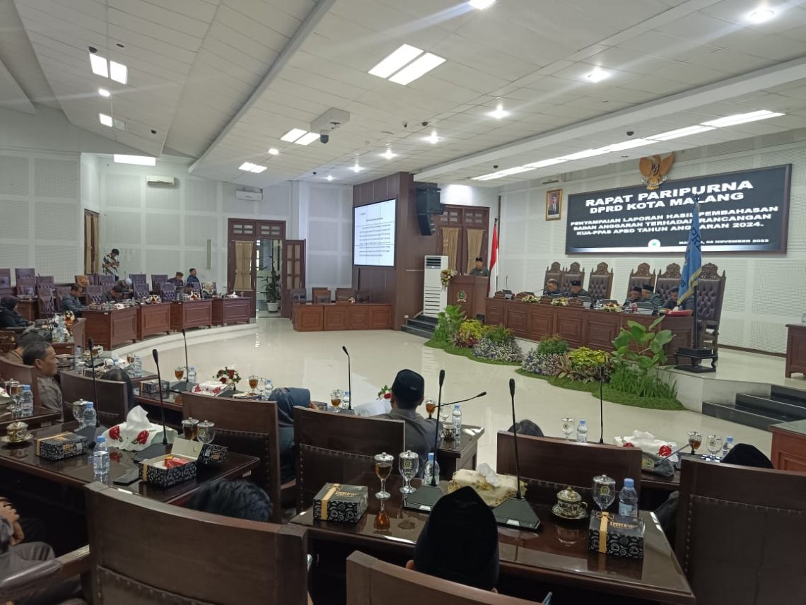 Efek Aturan Kemenkeu, Target PAD Pemkot Malang Turun Jadi Rp813 Miliar 1 Rapat paripurna pembahasan KUA-PPAS APBD tahun 2024 di ruang paripurna DPRD Kota Malang. Foto: Yona Arianto/Tugu Jatim