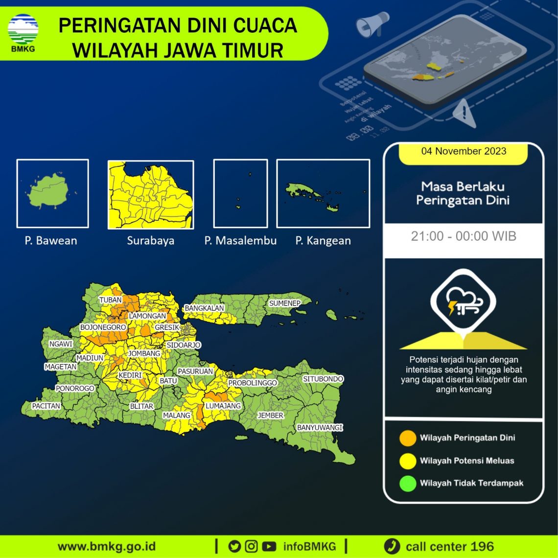 Wilayah Jawa Timur yang diprediksi hujan pada Sabtu (4/11/2023). Foto: BMKG