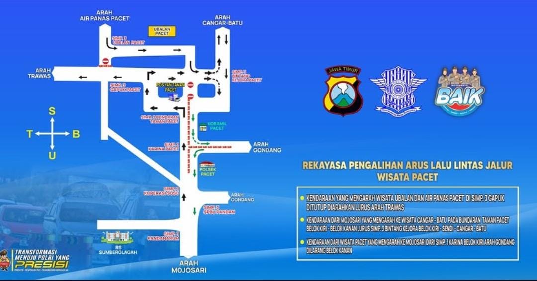 Rekayasa Lalin Tahun Baru 2024, Polres Mojokerto Pantau Jalur Wisata 1 Rekayasa lalin beberapa jalur wisata di Mojokerto. Foto: dok Humas Polres Mojokerto