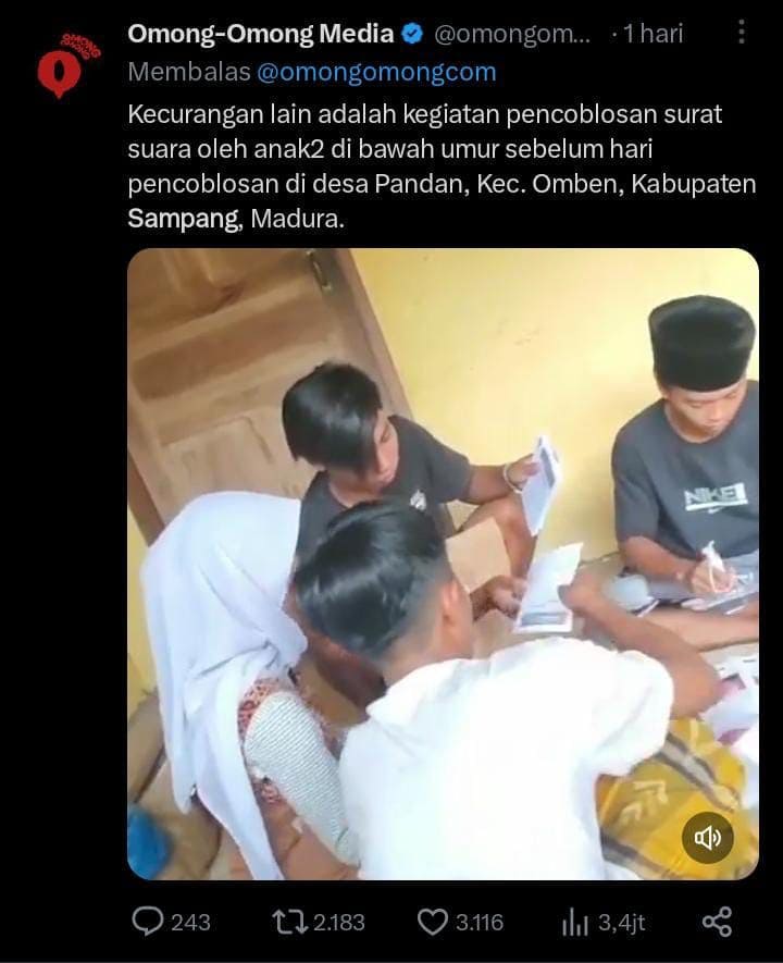 Bawaslu Jatim Akui Ada Dugaan Kecurangan Surat Suara Dicoblos Anak di Bawah Umur di Sampang 1 Dugaan kecurangan.