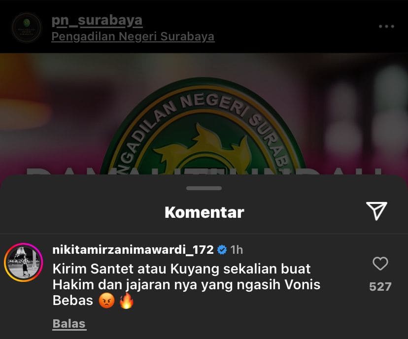 PN Surabaya Bebaskan Vonis Anak Eks Anggota DPR RI Kasus Pembunuhan, Artis Nikita Mirzani Ikutan Komentar 2 Nikita Mirzani di PN Surabaya.