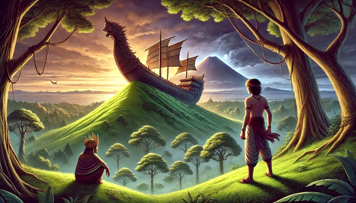 Legenda Tangkuban Perahu,Kisah Cinta dan Kutukan Sangkuriang 1 DALLE2025 02 2213.07.50 AnartisticillustrationofthelegendarystoryofTangkubanPerahufromIndonesianfolklore.TheimagedepictsayoungmanSangkuriangstandingon ezgif.com png to webp converter