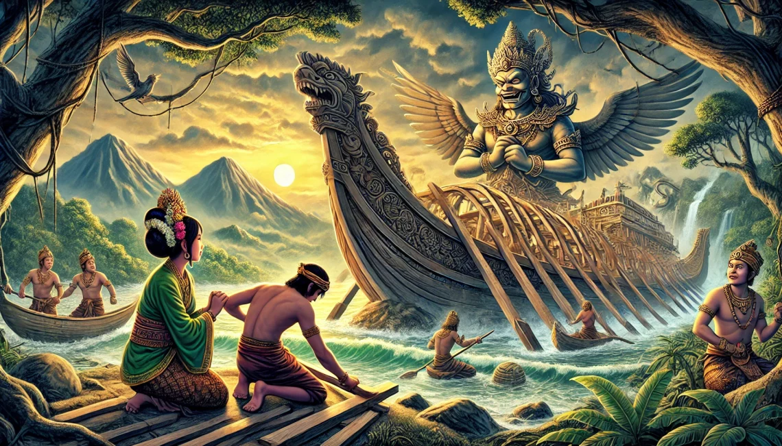 DALL·E 2025 02 18 11.16.36 An artistic depiction of the Indonesian legend of Sangkuriang. The scene shows Sangkuriang a strong young man attempting to build a massive boat bef