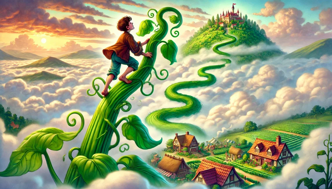 DALL·E 2025 02 21 09.42.41 A wide illustrated scene from Jack and the Beanstalk A young boy Jack climbing a massive green beanstalk that stretches into the clouds. Below hi