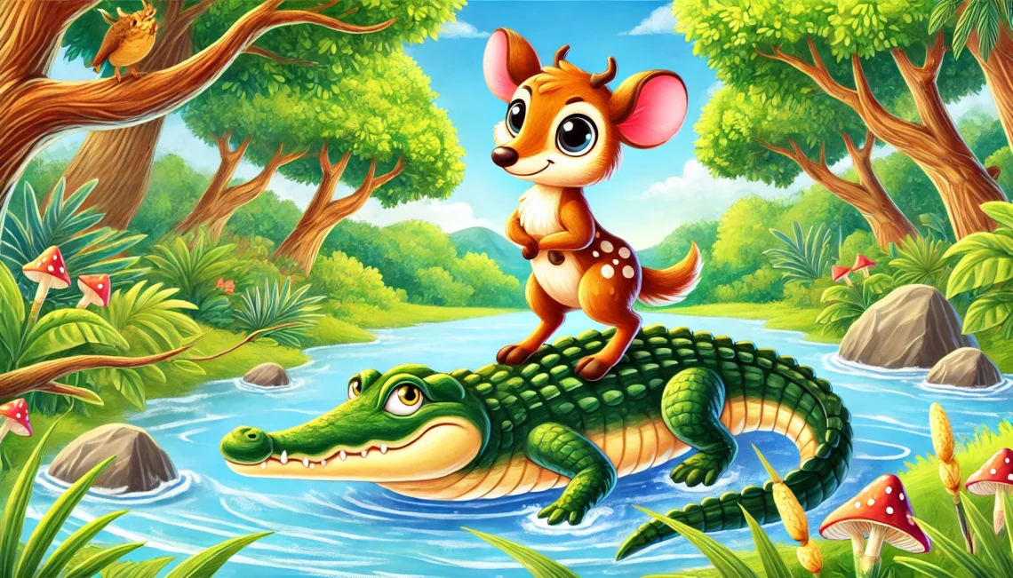 Dongeng Kancil dan buaya, kisah kecerdikan kancil 1 DALL·E 2025 02 24 09.05.48 A colorful illustration of the classic Indonesian fable Kancil and the Crocodile. The clever Kancil a small mouse deer is shown standing confident