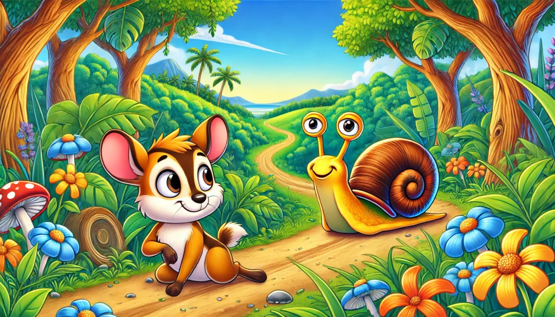 DALL·E 2025 02 24 09.28.07 A vibrant landscape illustration of the classic Indonesian fable Kancil and the Snail. The clever Kancil a small mouse deer is shown looking surpr