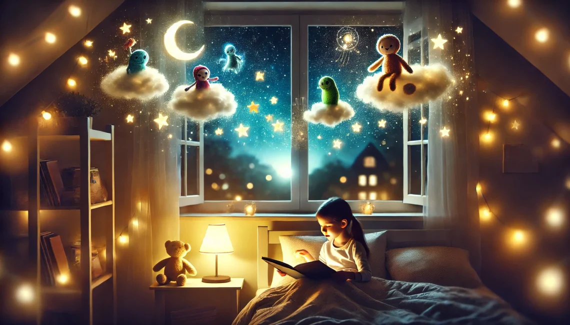 DALL·E 2025 02 26 16.00.28 A dreamy and sweet bedtime story scene. A young child is lying in bed listening to a magical bedtime story from their parent. The room is dimly lit b