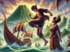 DALL·E 2025 03 03 11.57.21 An artistic depiction of the Indonesian folklore legend Tangkuban Perahu. The image shows Sangkuriang a young man angrily kicking an unfinished gia