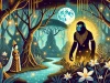 DALL·E 2025 03 03 12.35.32 A landscape illustration of the Indonesian folklore Lutung Kasarung. The scene features a mystical black lutung monkey with glowing eyes standing