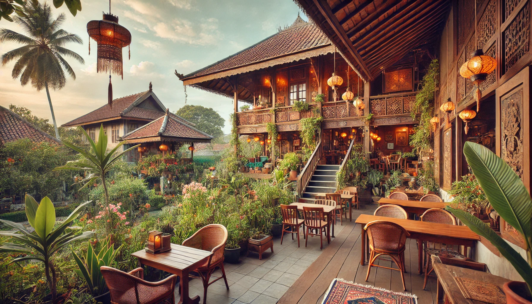 Cafe Instagramable di Lumajang, Nomor 5 Bikin Betah! 5 DALL·E 2025 04 15 07.20.51 A beautiful landscape of an Instagrammable Javanese style cafe named Kopi Klotok in Lumajang Indonesia. The scene shows a traditional Javanese cafe