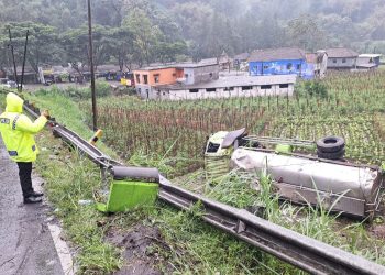 Truk Tangki Muatan Susu Sapi Perah Terguling di Malang