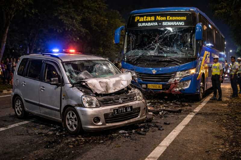 Dugaan Salip Truk, Bus Tabrak Mobil di Jalur Pantura Tuban: 2 Korban Tewas 1 Jalur Pantura Tuban.