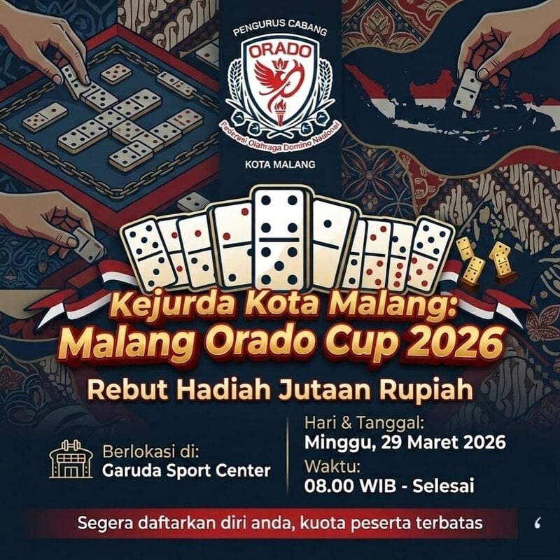 Segera Daftar! Orado Kota Malang Gelar Orado Cup 2026 Berhadiah Jutaan Rupiah untuk Turnamen Domino U-18 dan Senior 3 Orado Cup 2026 Malang.