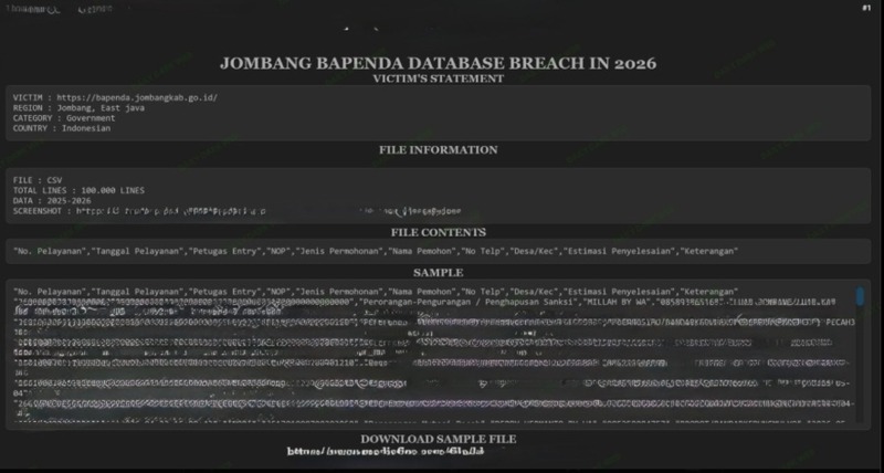 100 Ribu Data Wajib Pajak Jombang Bocor di Dark Web, Aplikasi e-PST Diduga Diretas 2 Data wajib pajak Jombang bocor.